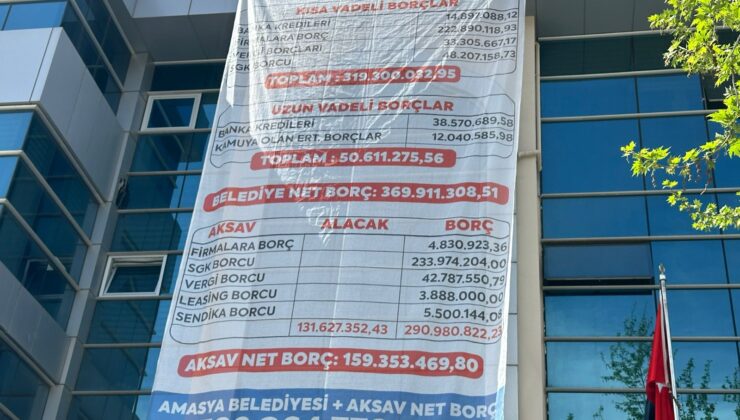 Amasya Belediye Başkanı Turgay Sevindi, eski borçları belediye binasına astı.