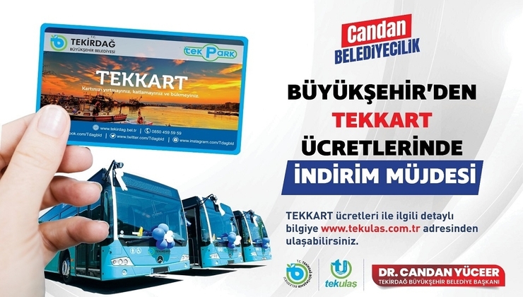 Tekirdağ Büyükşehir Belediyesi, il genelinde toplu taşıma araçlarında kullanılan Tekirdağ Kart ücretlerinde indirime gitti. Yapılan indirim çerçevesinde kart bedeli 60 TL’den 50 TL’ye kart yenileme (vize) ücreti de 50 TL’den 40 TL’ye indirildi.