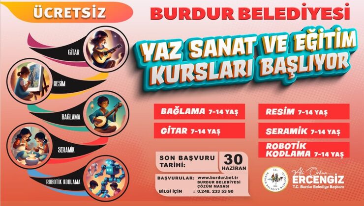 Burdur Belediyesi, çocukların sosyal ve bedensel gelişimi 7 - 14 yaş grubundaki öğrencilere yönelik ücretsiz sanat ve spor kursları düzenliyor.
